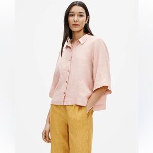 Eileen Fisher Blush Pink Organic Linen Button-Down Elbow-Sleeve Shirt